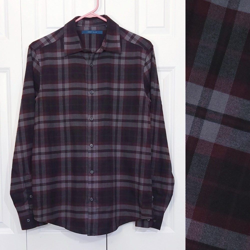 Perry Ellis Soft Brushed Checked Plaid Long Sleeve Flannel Button Shirt Men Sm